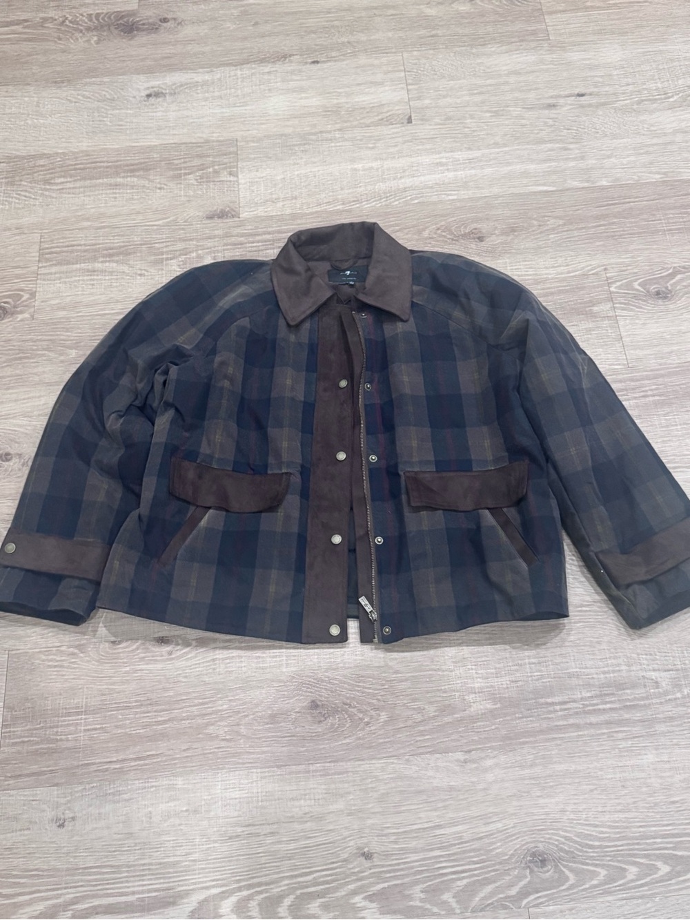 7 For All Mankind Navy and Brown Plaid Utility Jacket with Suede Trim - Picture 3 of 11